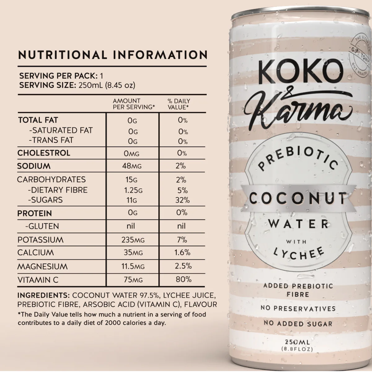 Koko & Karma Coconut Water - Prebiotic Lychee 250ml x 12