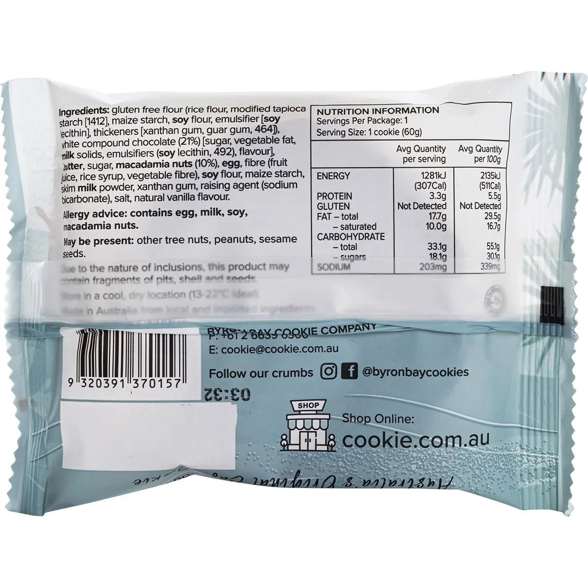 Byron Bay Cookies Gluten Free Cookies White Choc Macadamia 60g x 12