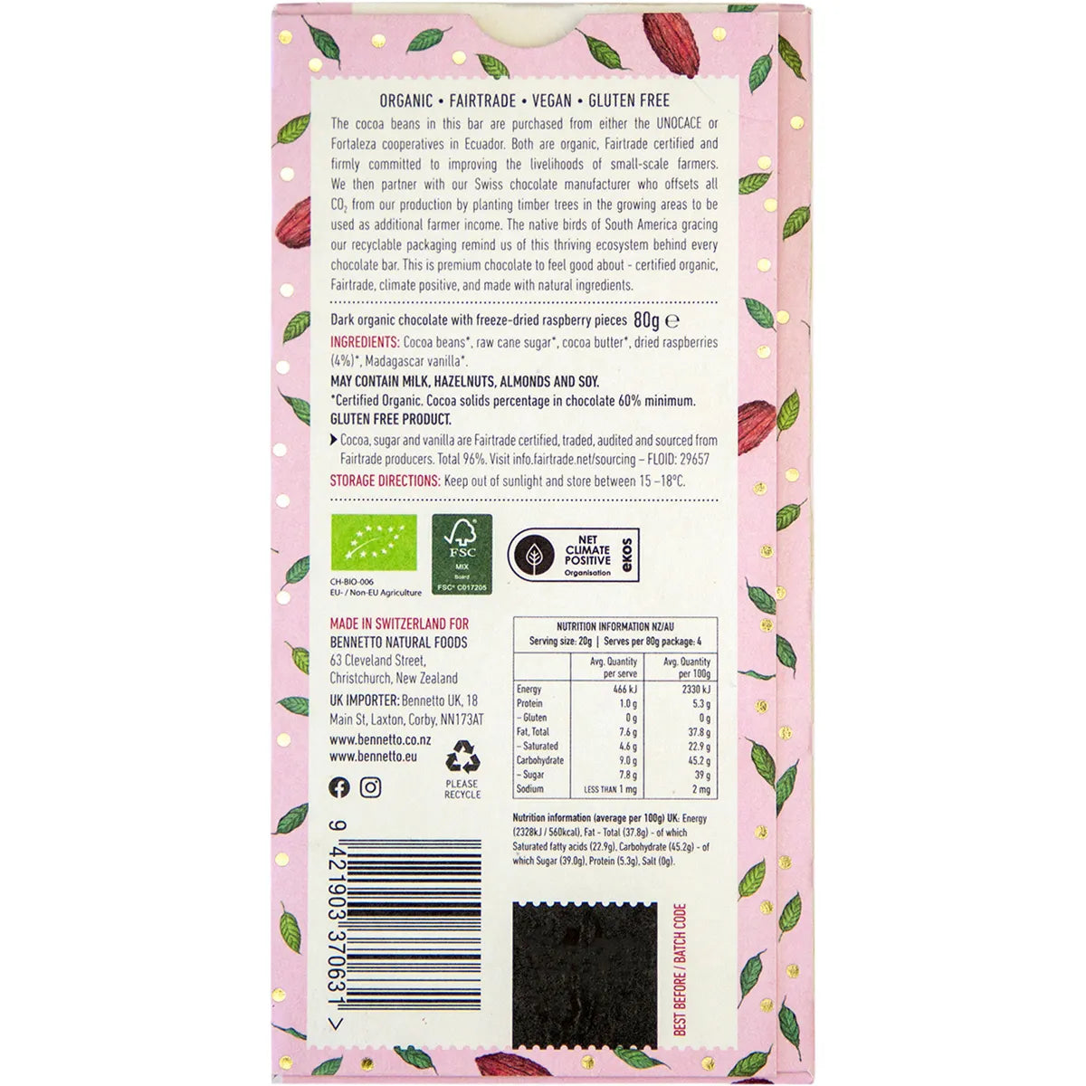 Bennetto Organic Dark Chocolate Raspberries In Dark 80g x 12