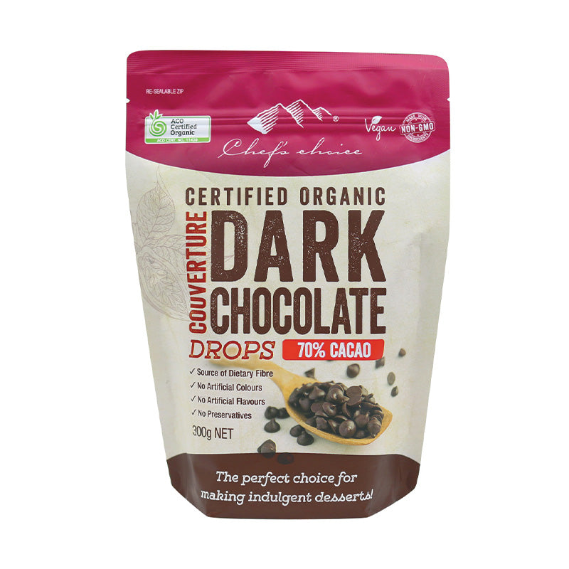 Chef’s Choice Certified Organic Dark Chocolate Couverture Drops 70% Cacao 300g