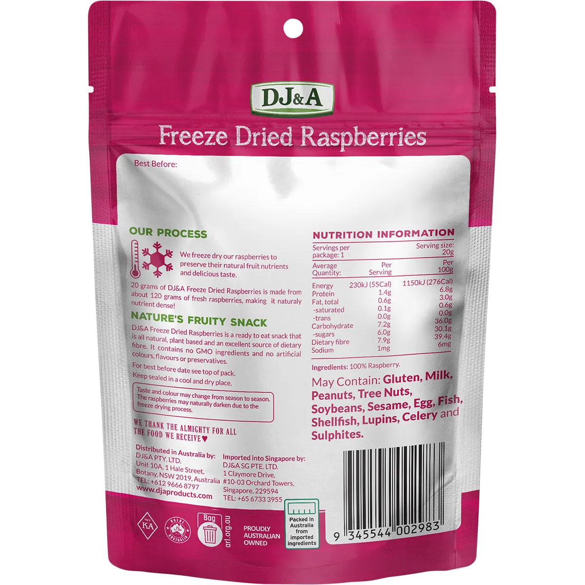 DJ&A Freeze Dried Raspberries 10x20g