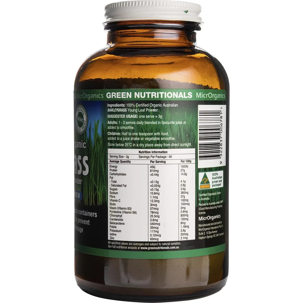 Green Nutritionals Barleygrass 100% Australian Organic - 200g