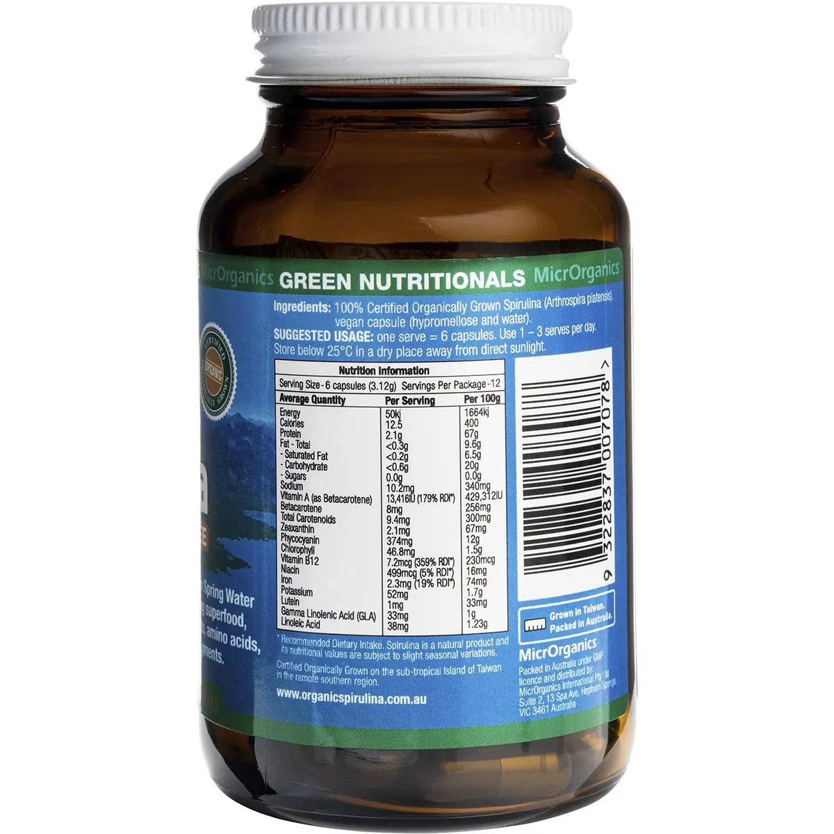 Green Nutritionals Mountain Organic Spirulina Capsules (520mg) - 60 Caps