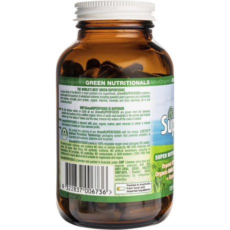 Green Nutritionals Organic Green Superfoods Vegan Capsules 600mg 120 Caps