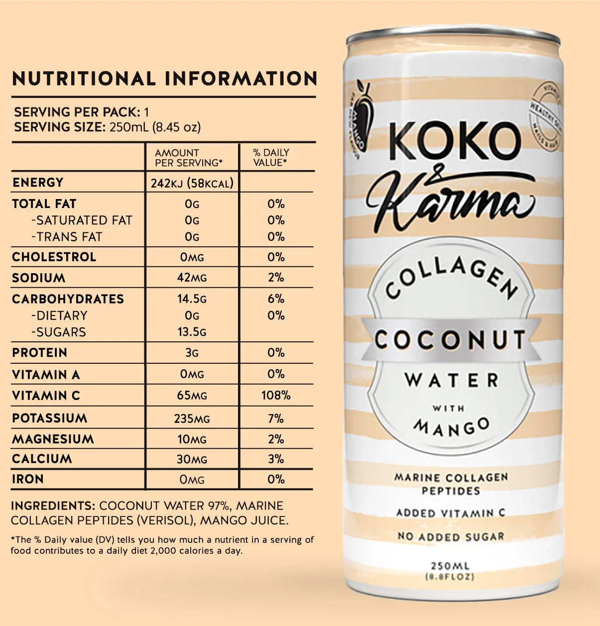 Koko & Karma Coconut Water - Collagen & Mango 250ml x 12