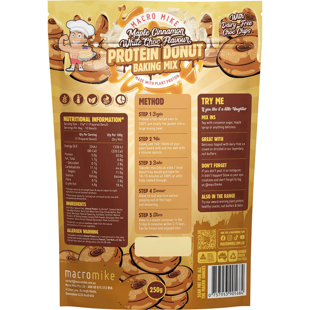 Macro Mike Protein Donut Baking Mix Maple Cinnamon White Choc Chip 250g