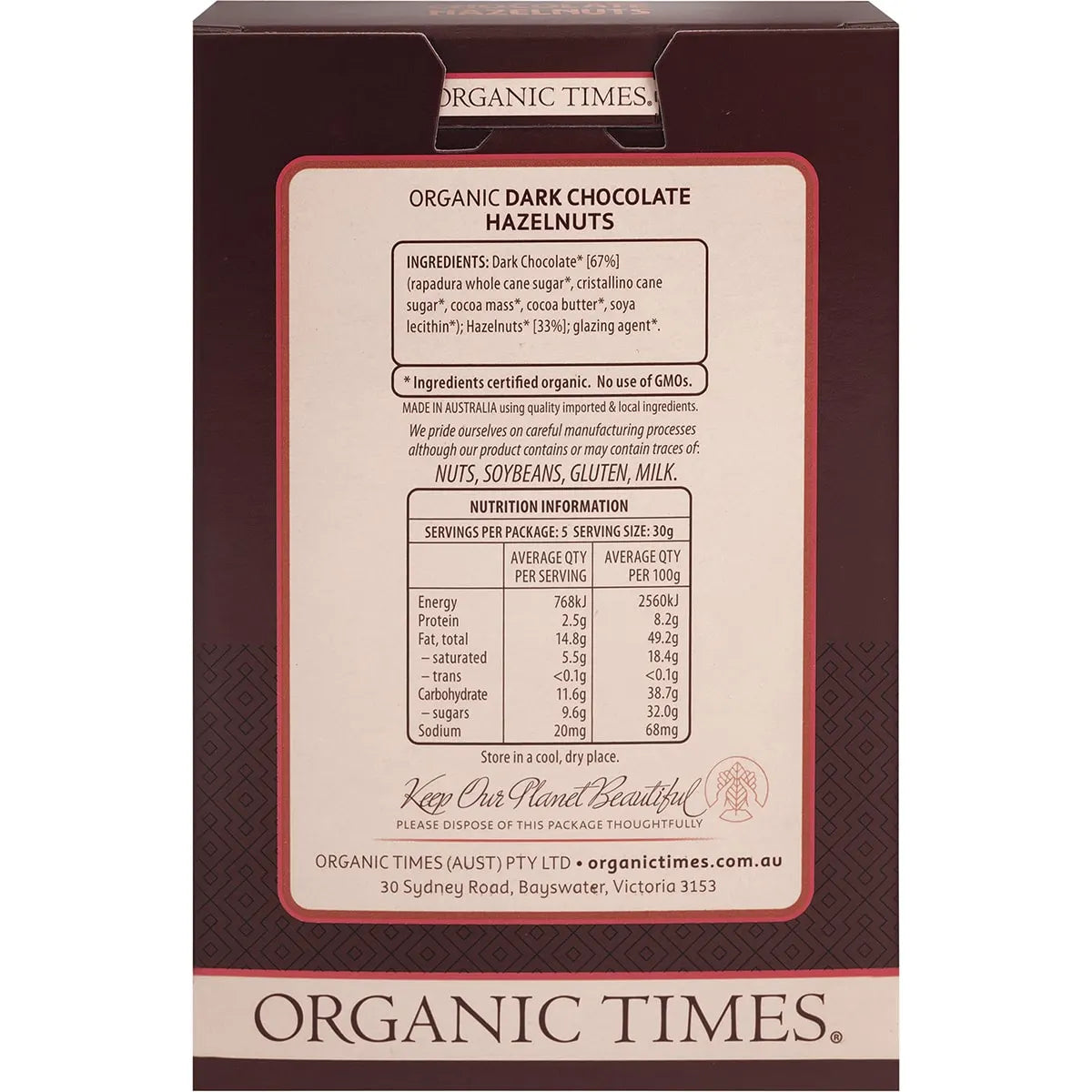 Organic Times Dark Chocolate Hazelnuts 150g