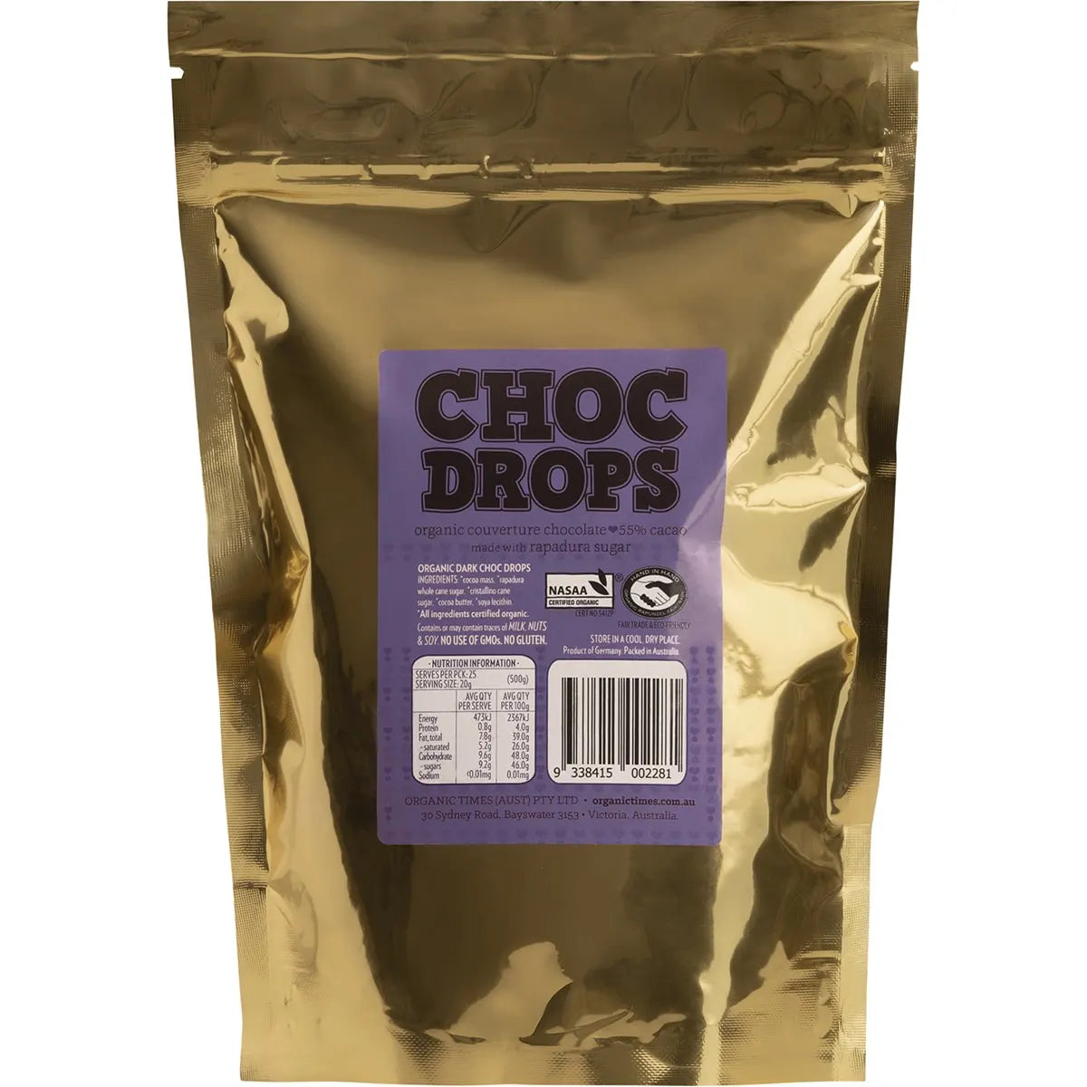 Organic Times Dark Chocolate Couvertre Drops 500g