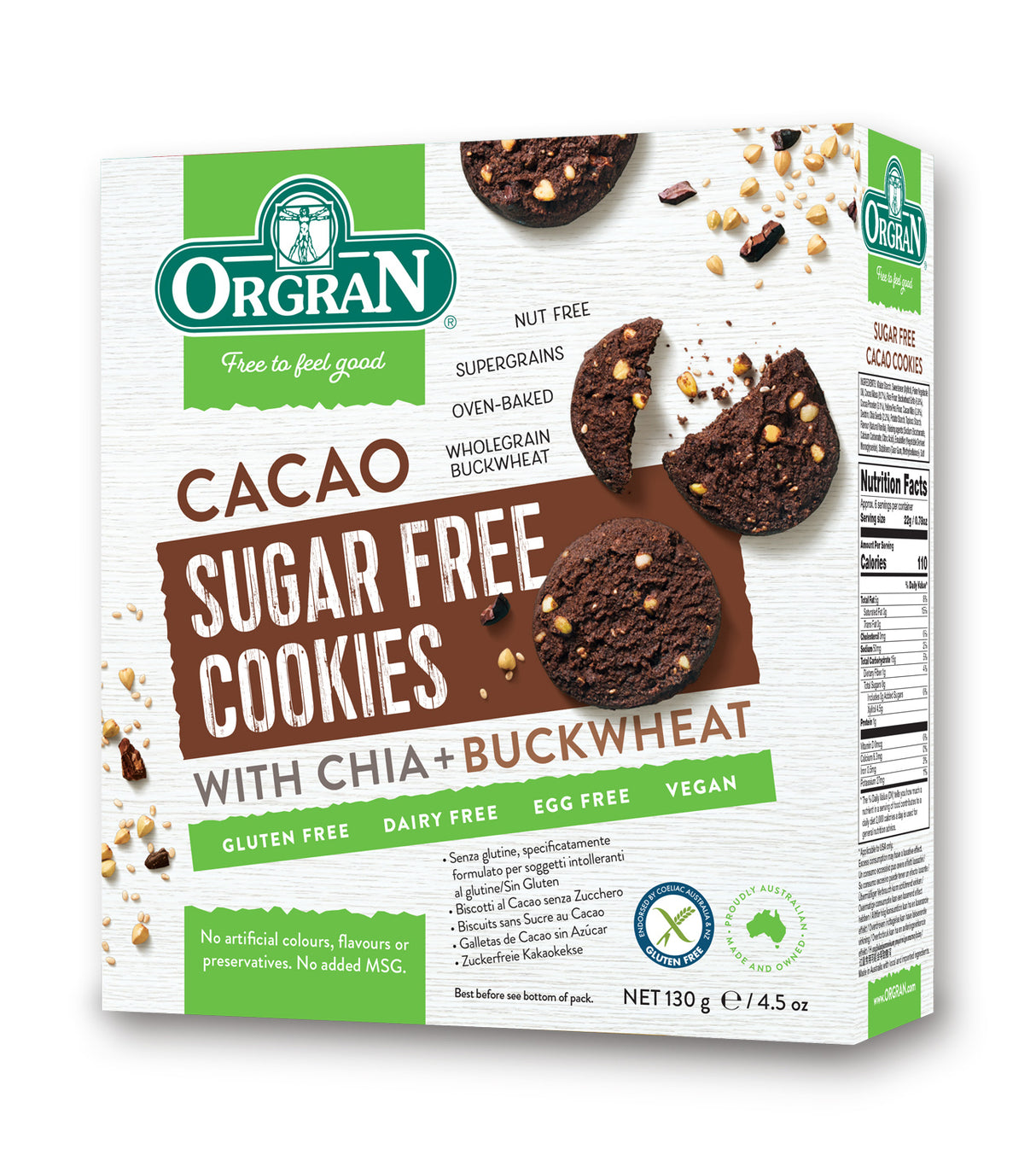 Orgran Gluten Free Cookies Sugar Free Cacao 130g x 7