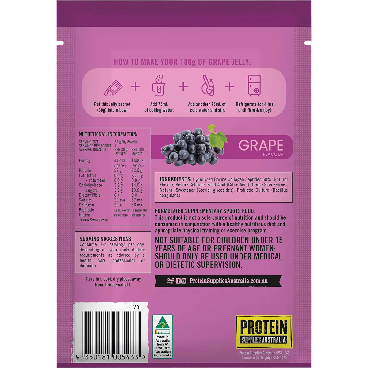 Protein Supplies Australia Protein Jelly with Collagen Grape 30g x 12