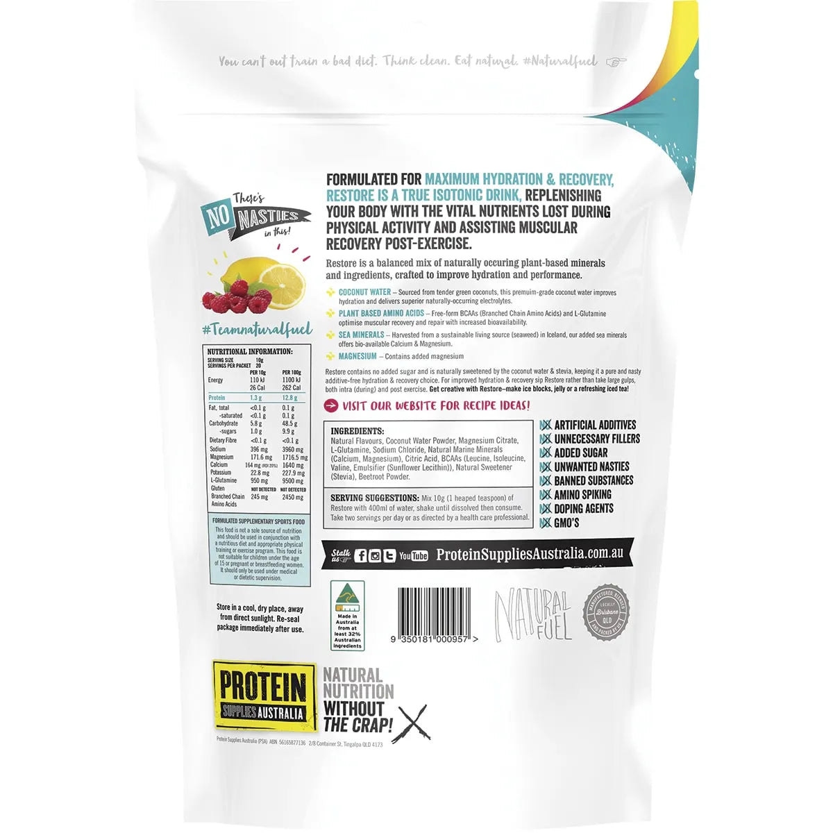 Protein Supplies Australia Restore Hydration Recovery Drink Raspberry Lemonade 200g