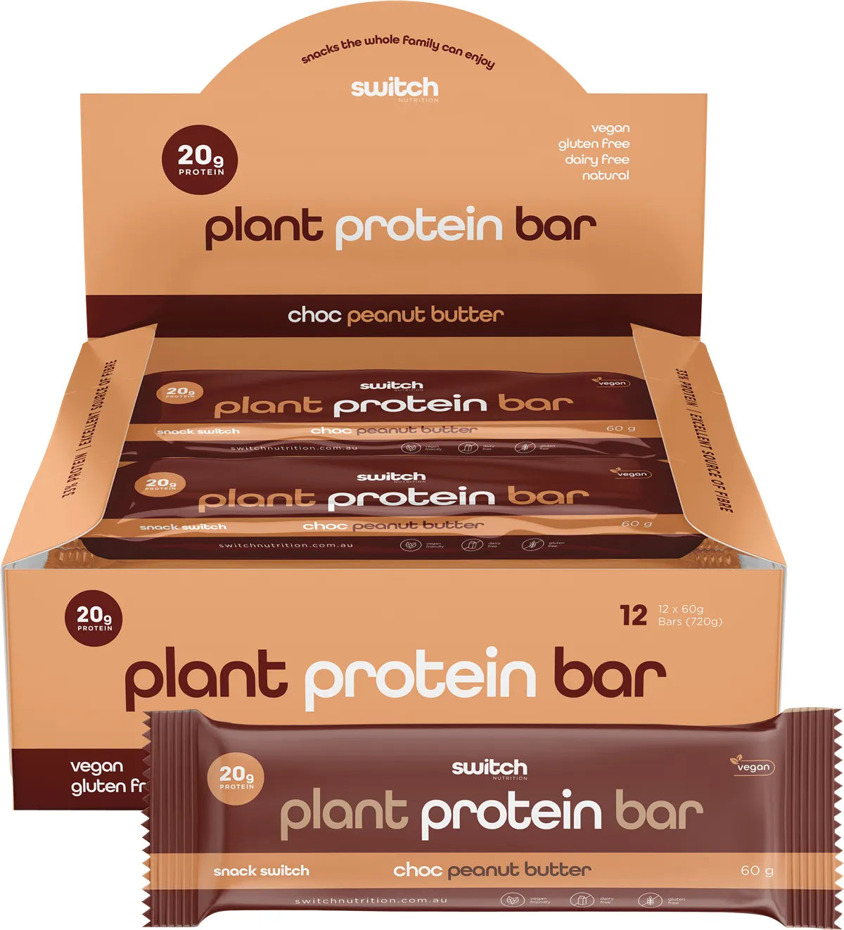 Switch Nutrition Plant Protein Bar 60g x 12 - Choc Peanut Butter