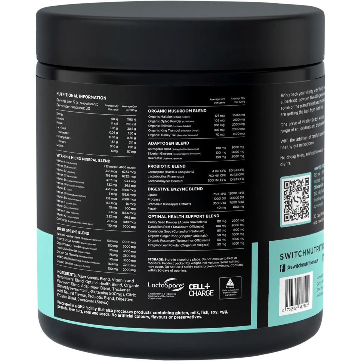 Switch Nutrition Vitality Revitalising Greens Powder 150g - Chocolate