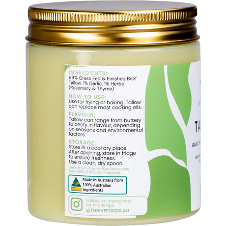 Thrive Tallow 100% Grass Fed Tallow Garlic, Rosemary & Thyme 250ml