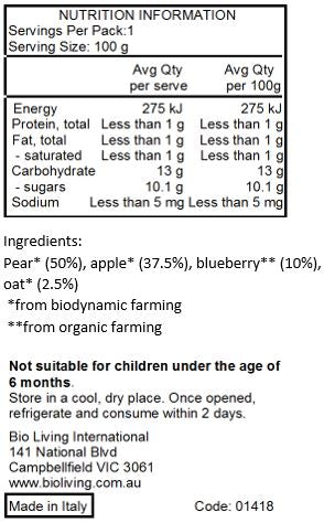 Holle Organic Blue Bird Pouch - Pear Apple & Blueberries with Oats 100g x 12