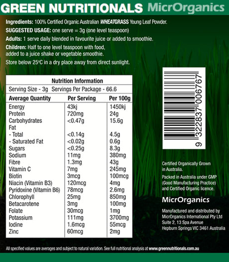 MicrOrganics Green Nutritionals Organic Australian WheatGrass 200g Powder